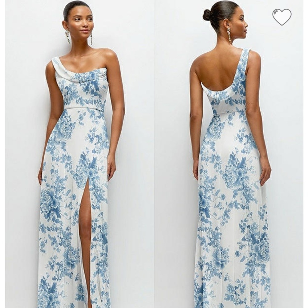 Dessy Group size 12 Blue & White Floral One-Shoulder Bridesmaid Dress